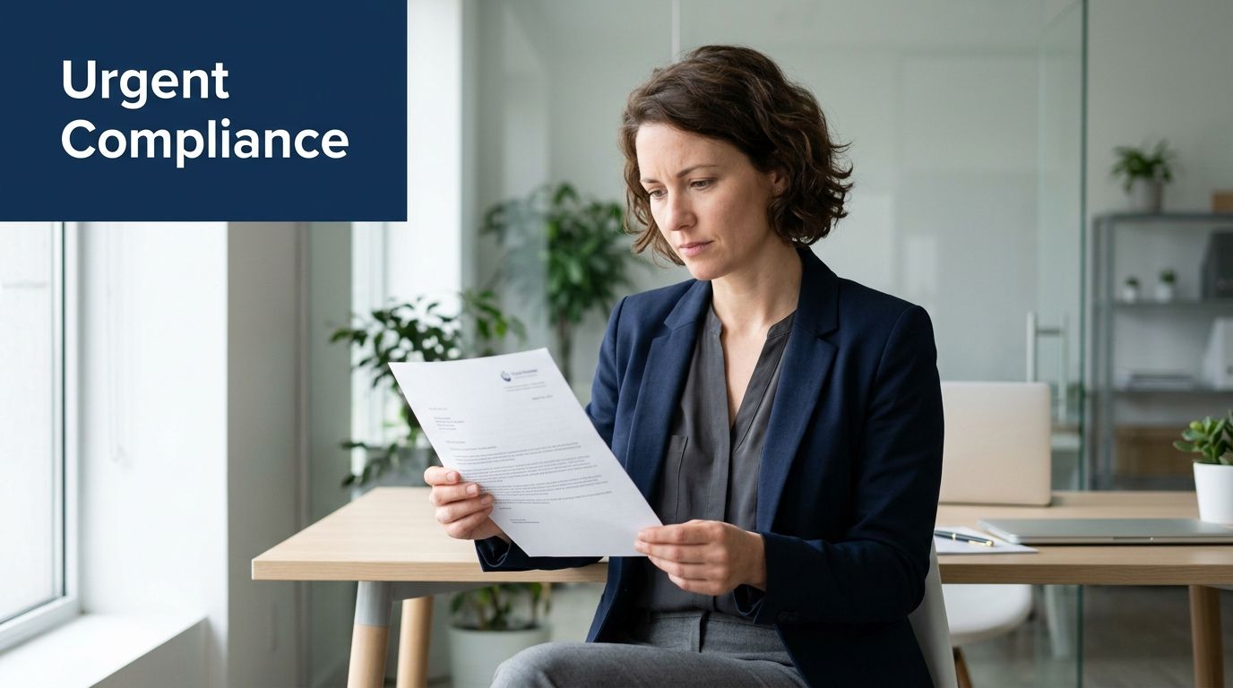 A professional woman in a blazer reviewing a legal document in a bright office.