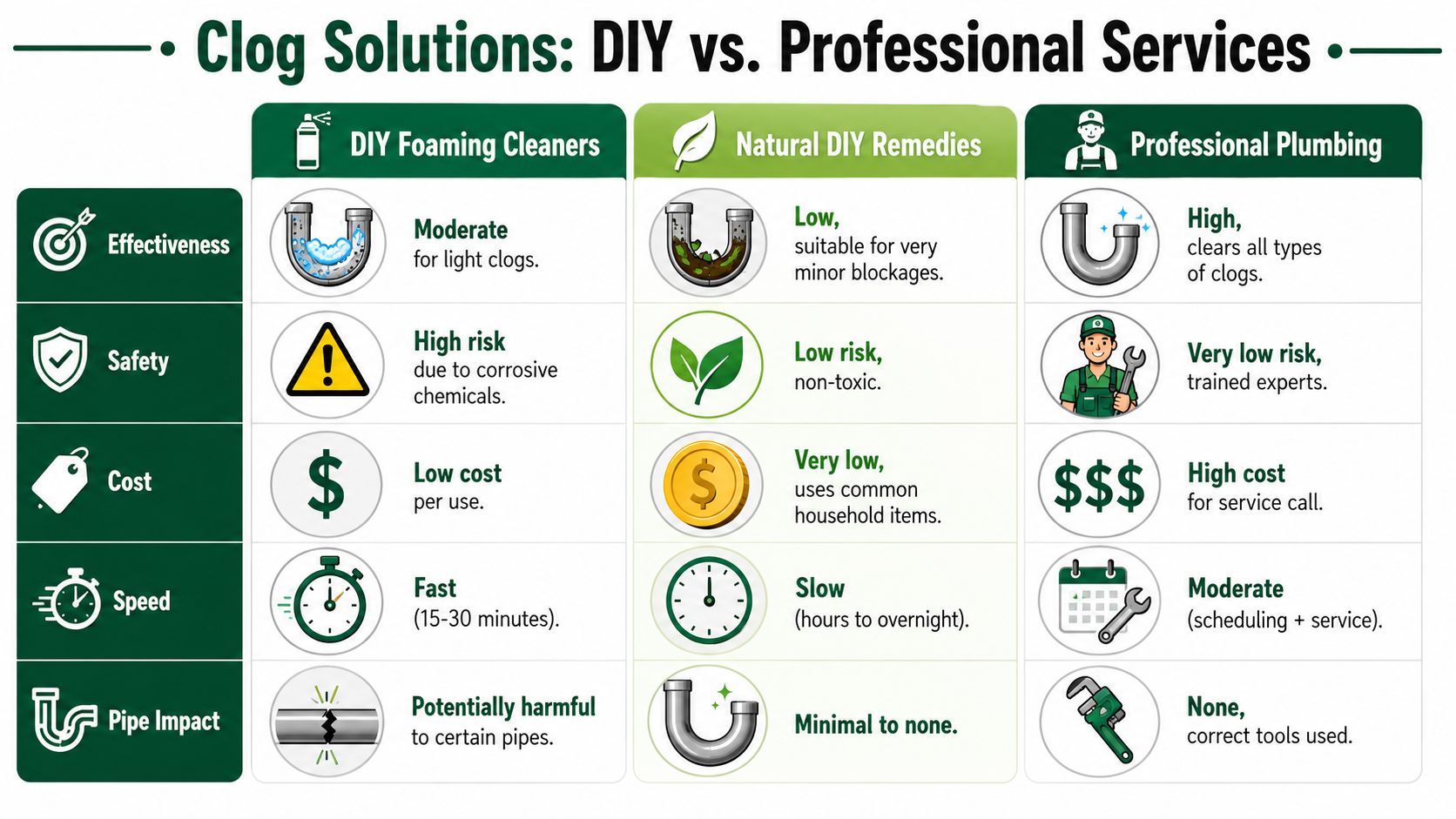 A comparison chart showing the effectiveness, safety, cost, speed, and pipe impact of different clog solutions.
