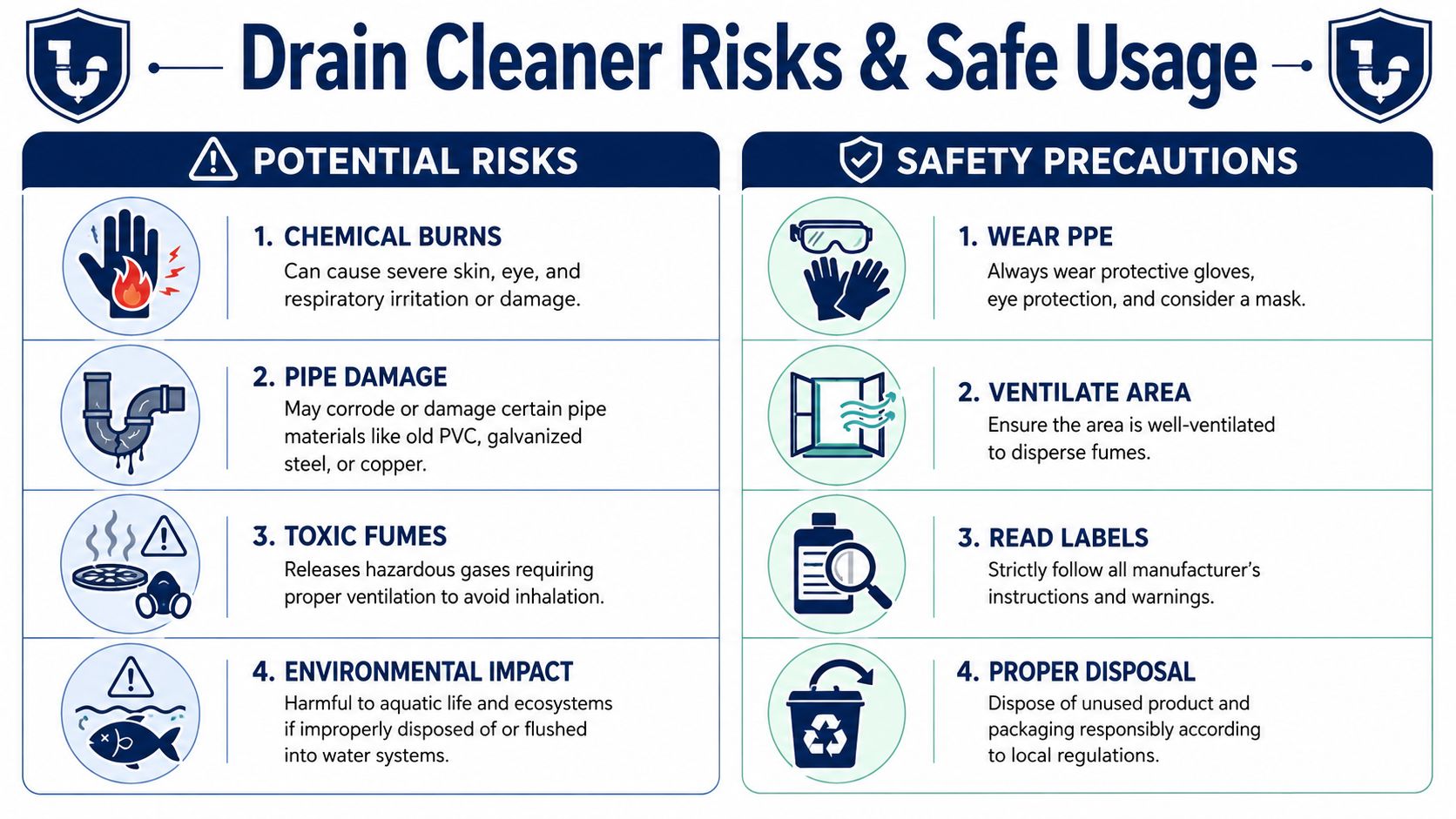 An infographic detailing safety precautions and potential risks associated with using household drain cleaning products safely.