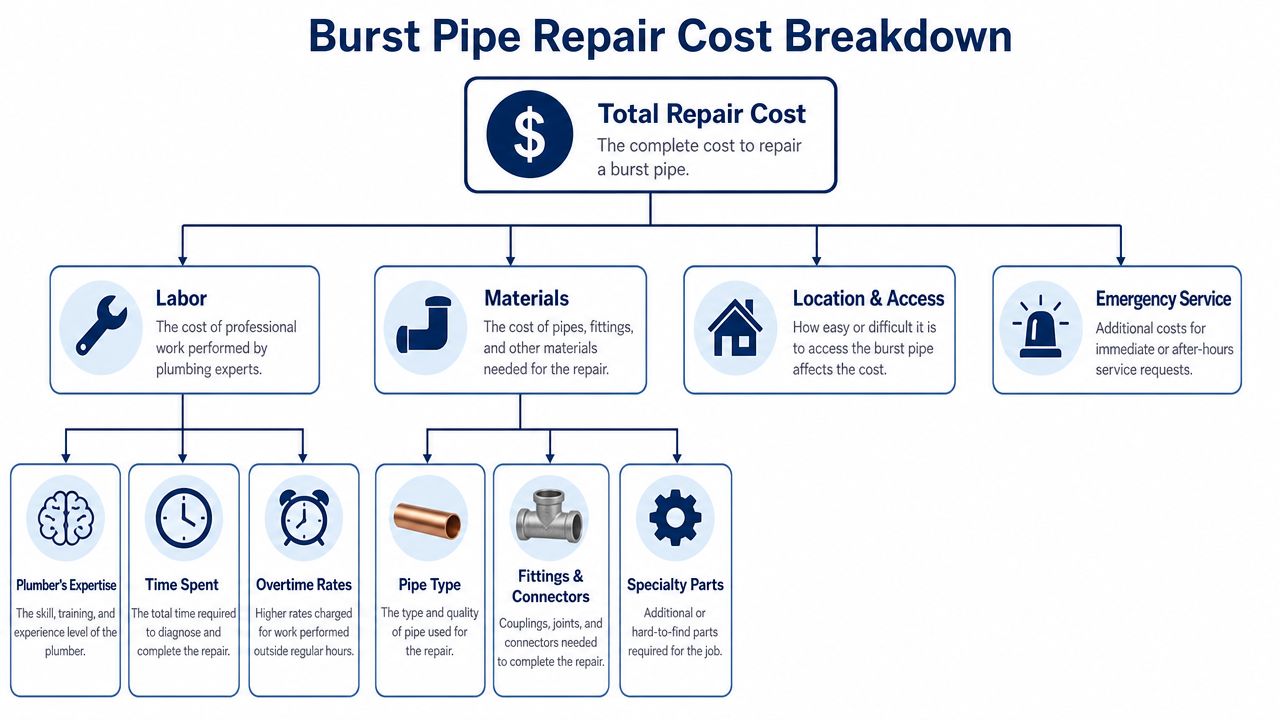A diagram outlining the various factors that influence the total cost of repairing a burst pipe.