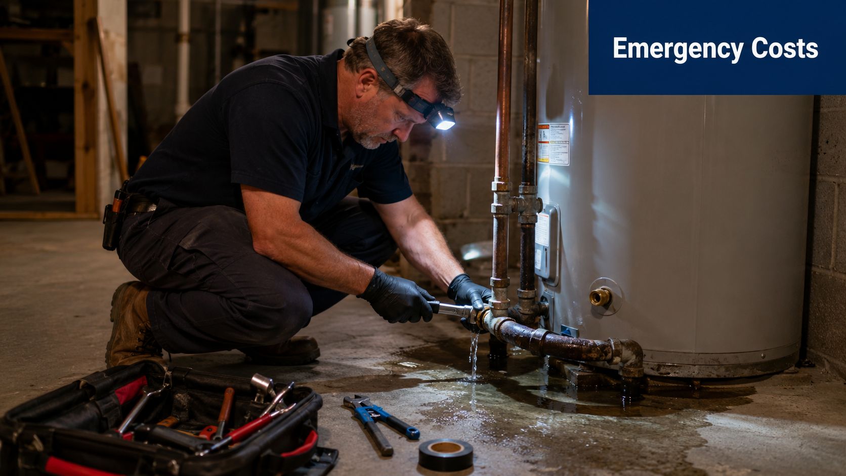 A professional plumber wearing a headlamp repairs a leaking water heater pipe in a dim basement.