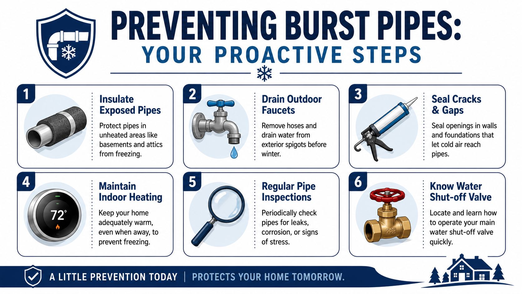An infographic showing six proactive steps for homeowners to prevent frozen and burst water pipes in winter.