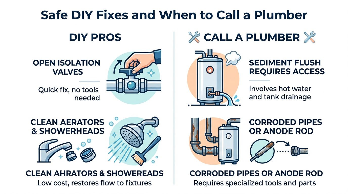 An infographic comparing simple plumbing DIY fixes versus tasks that require calling a professional plumber.