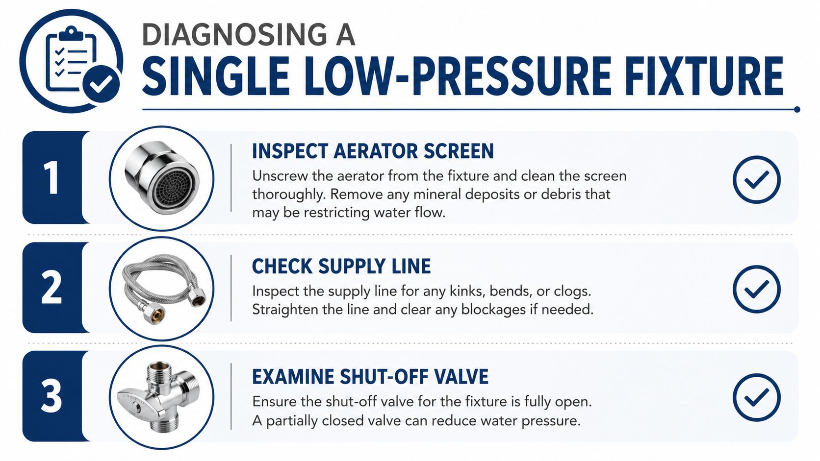 An infographic showing three steps to diagnose a low-pressure water fixture, including checking aerators and valves.
