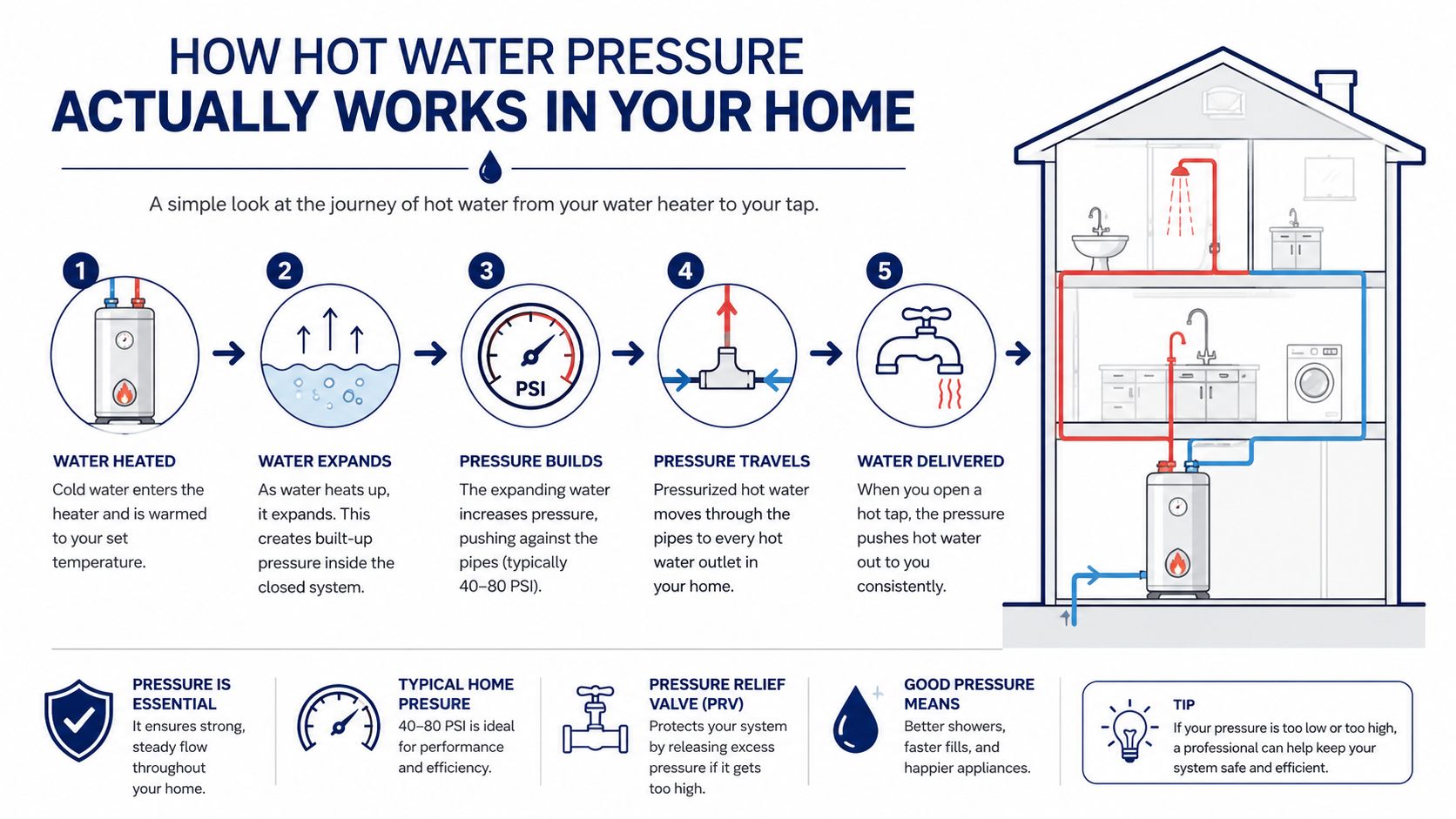 A diagram explaining the process of hot water heating, pressure buildup, and distribution within a home.