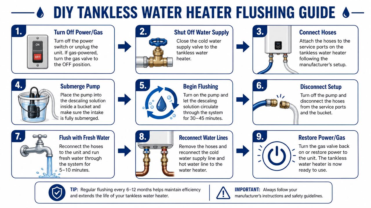 A nine-step infographic guide explaining how to flush and descale a tankless water heater system.