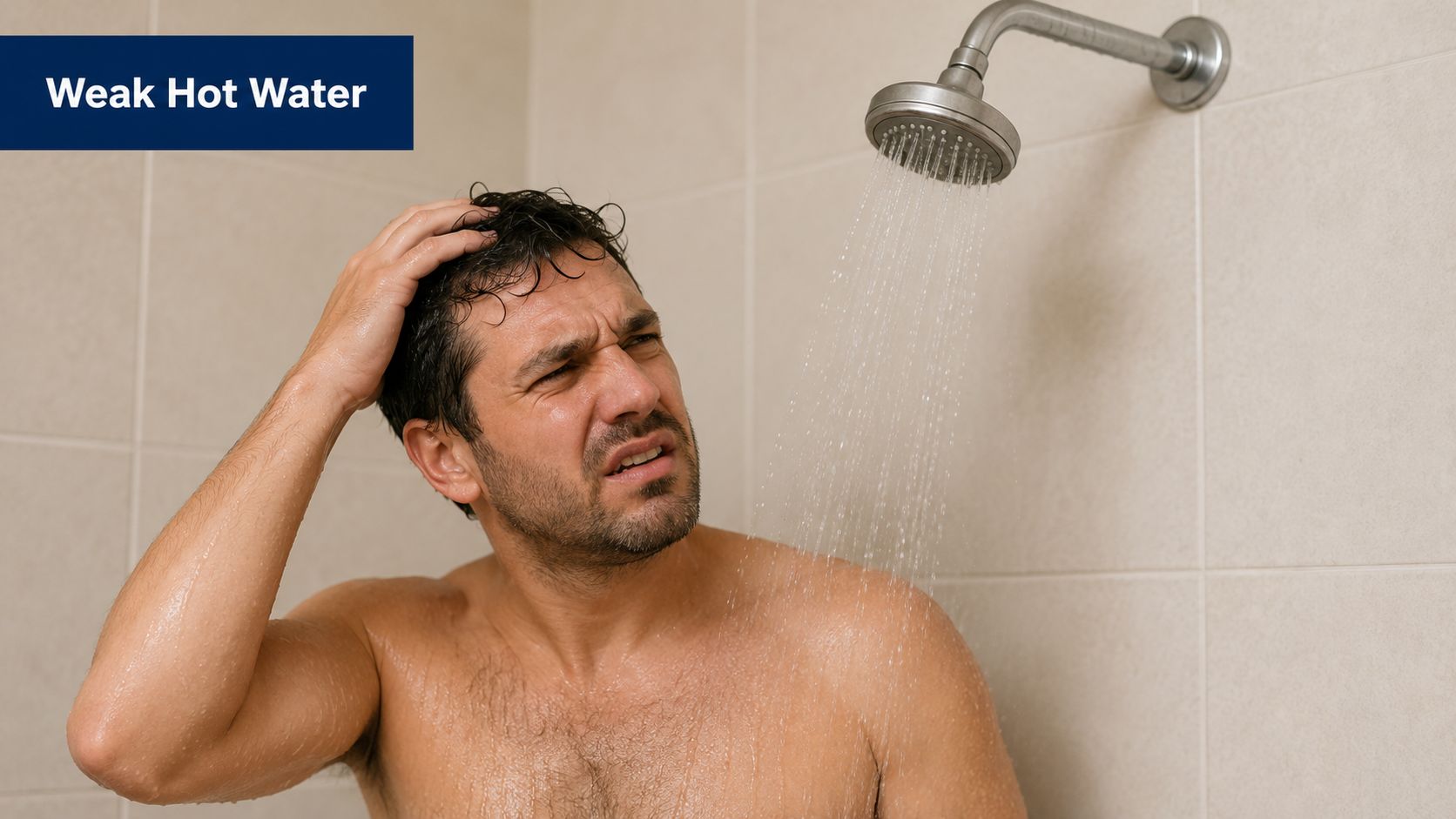 A frustrated man feeling weak water pressure while taking a shower in his bathroom.