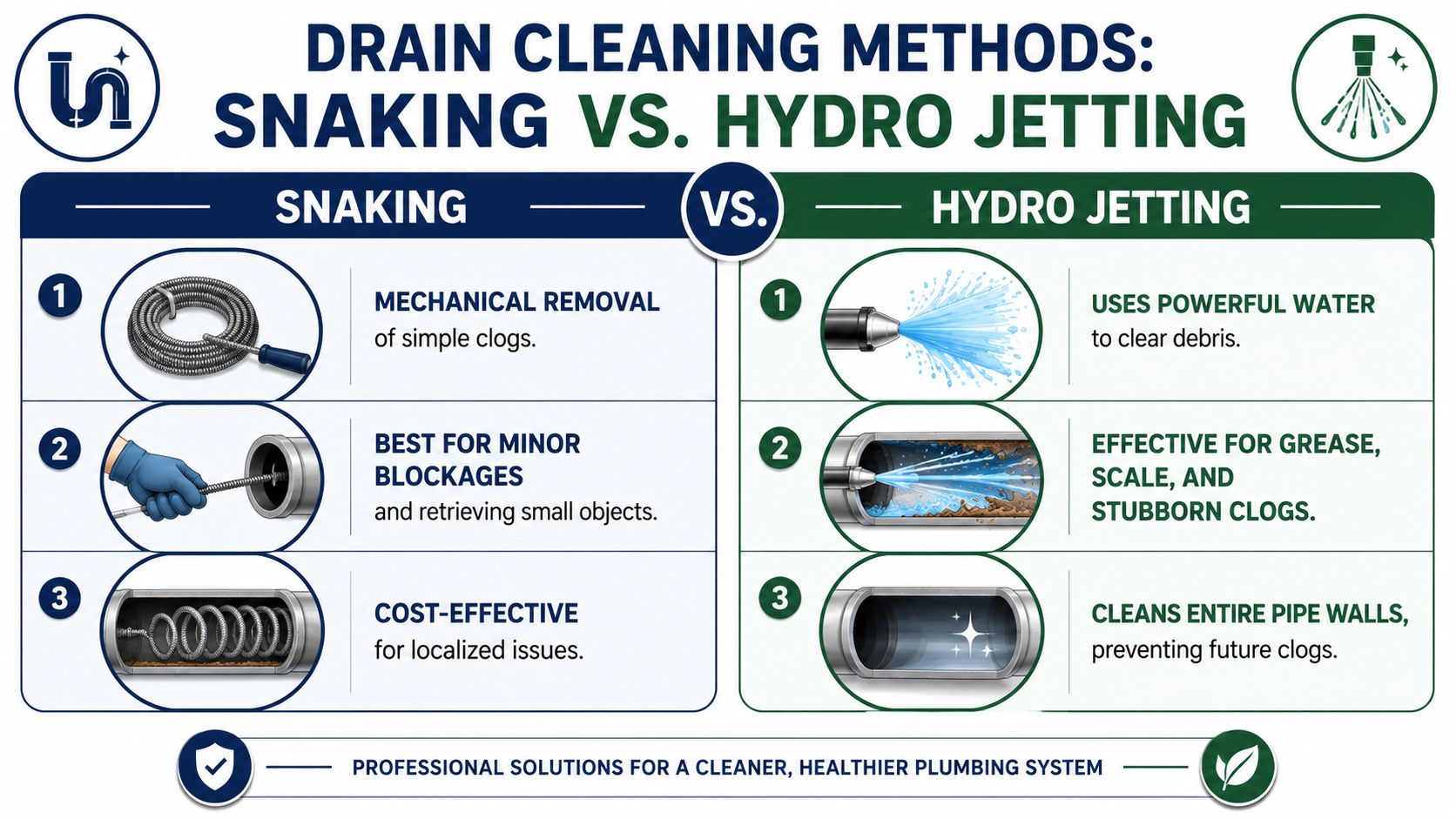 A comparison infographic between professional drain cleaning methods using manual snaking and high-pressure water hydro jetting.