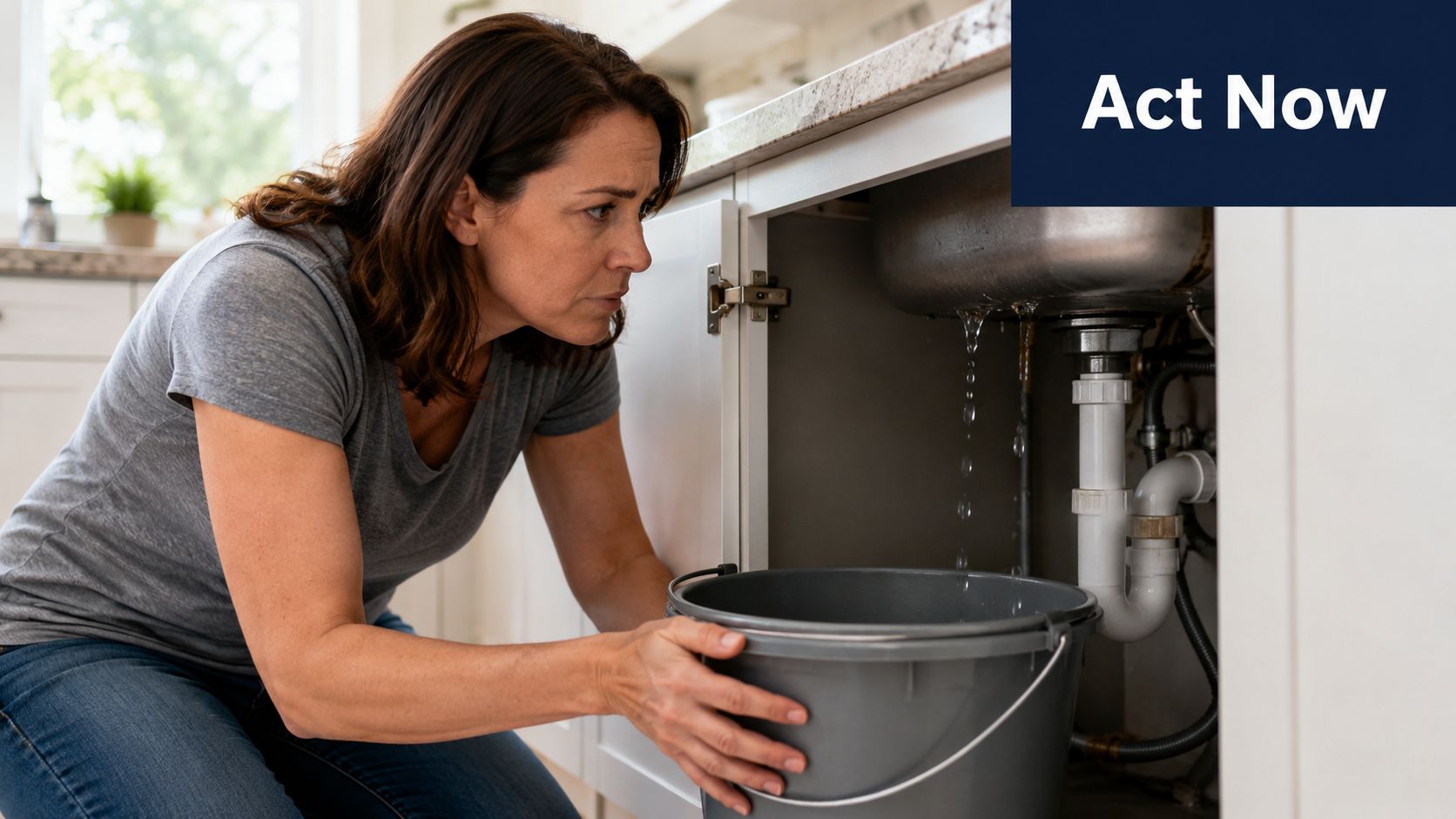 A concerned woman holding a bucket under a leaking sink pipe to catch the dripping water.