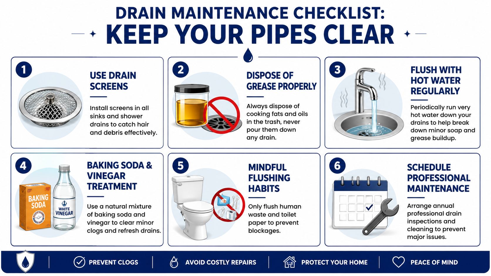 An informative infographic illustrating six essential tips for proper home drain maintenance and keeping pipes clear.