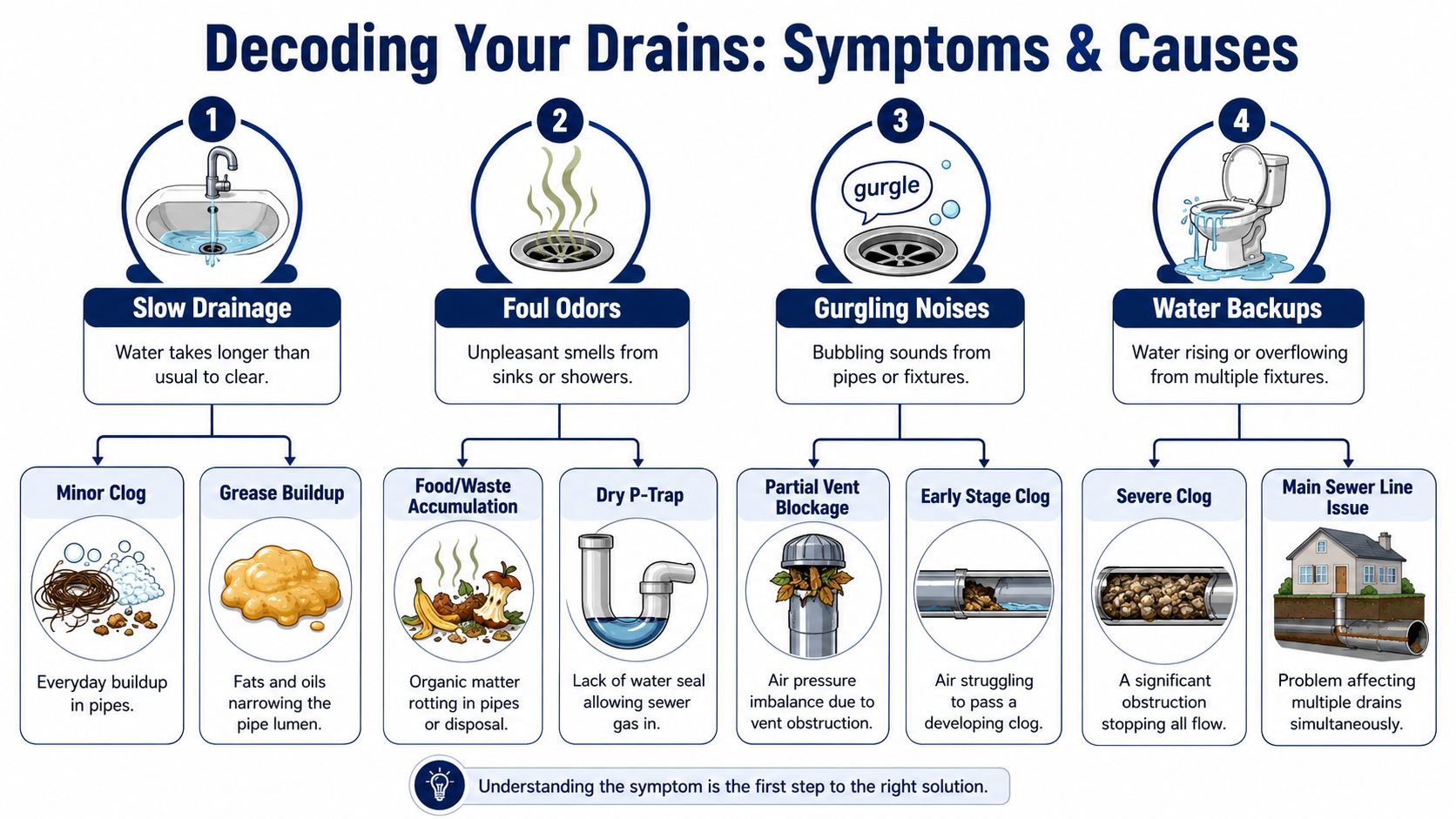 An infographic titled Decoding Your Drains detailing common plumbing symptoms like slow drainage, odors, gurgling, and backups.