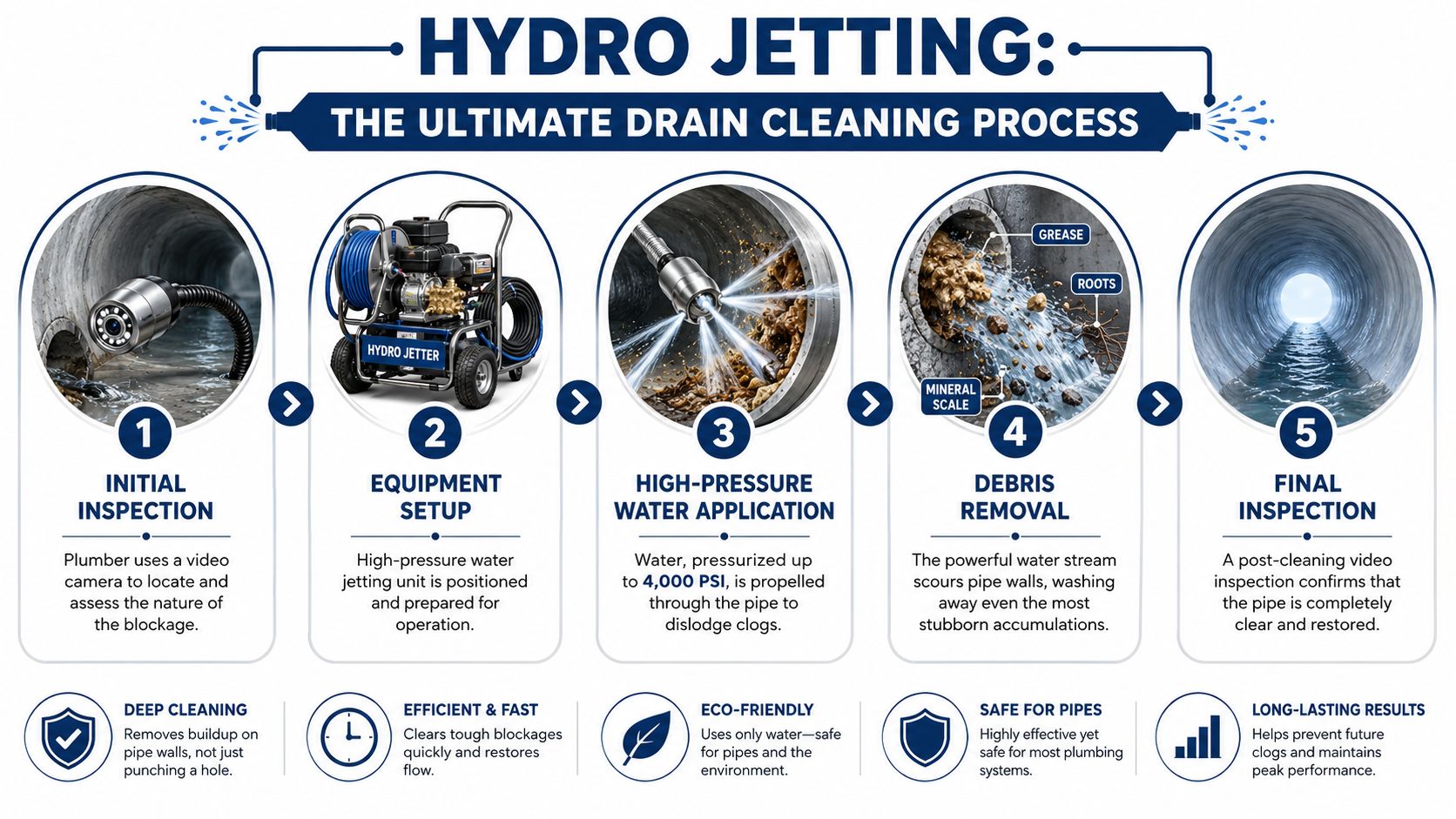 An infographic showing the five-step hydro jetting process for effective drain cleaning and pipe maintenance.