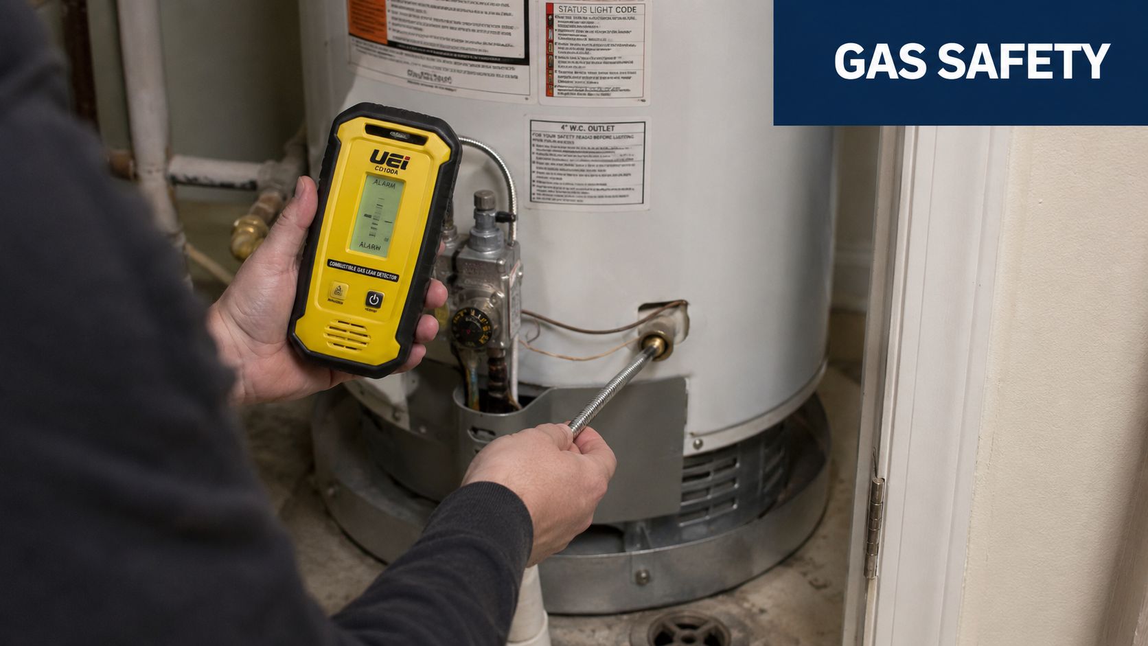 A technician testing a residential gas water heater for potential gas leaks using a handheld digital detector.