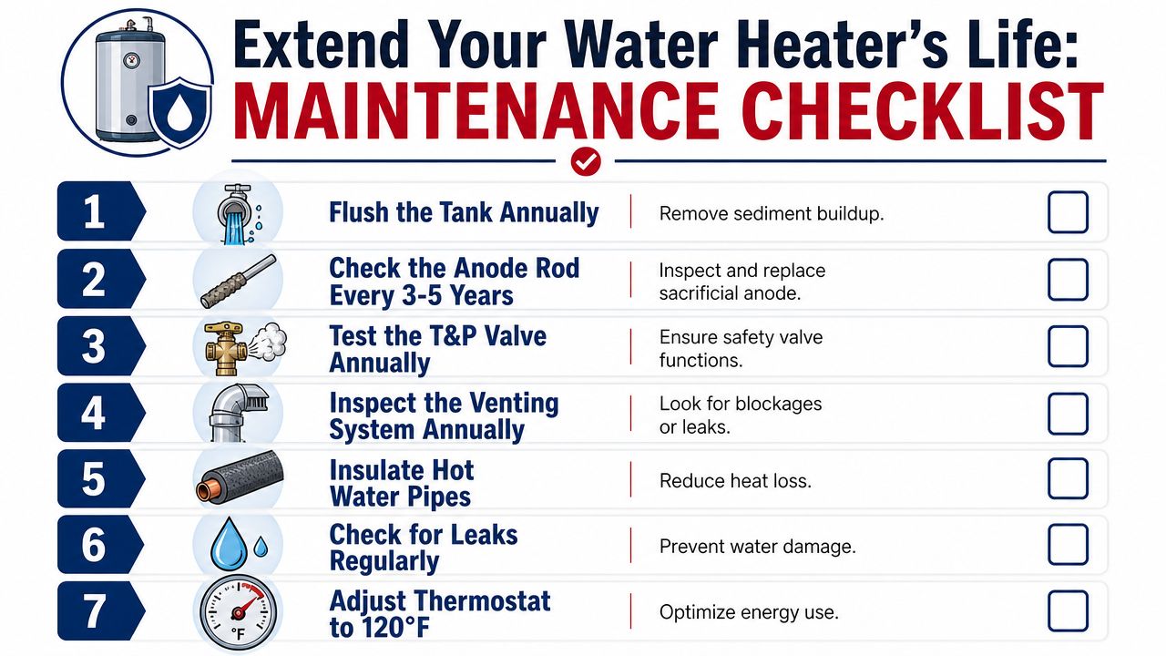 A maintenance checklist graphic providing seven tips to extend the life of a water heater.