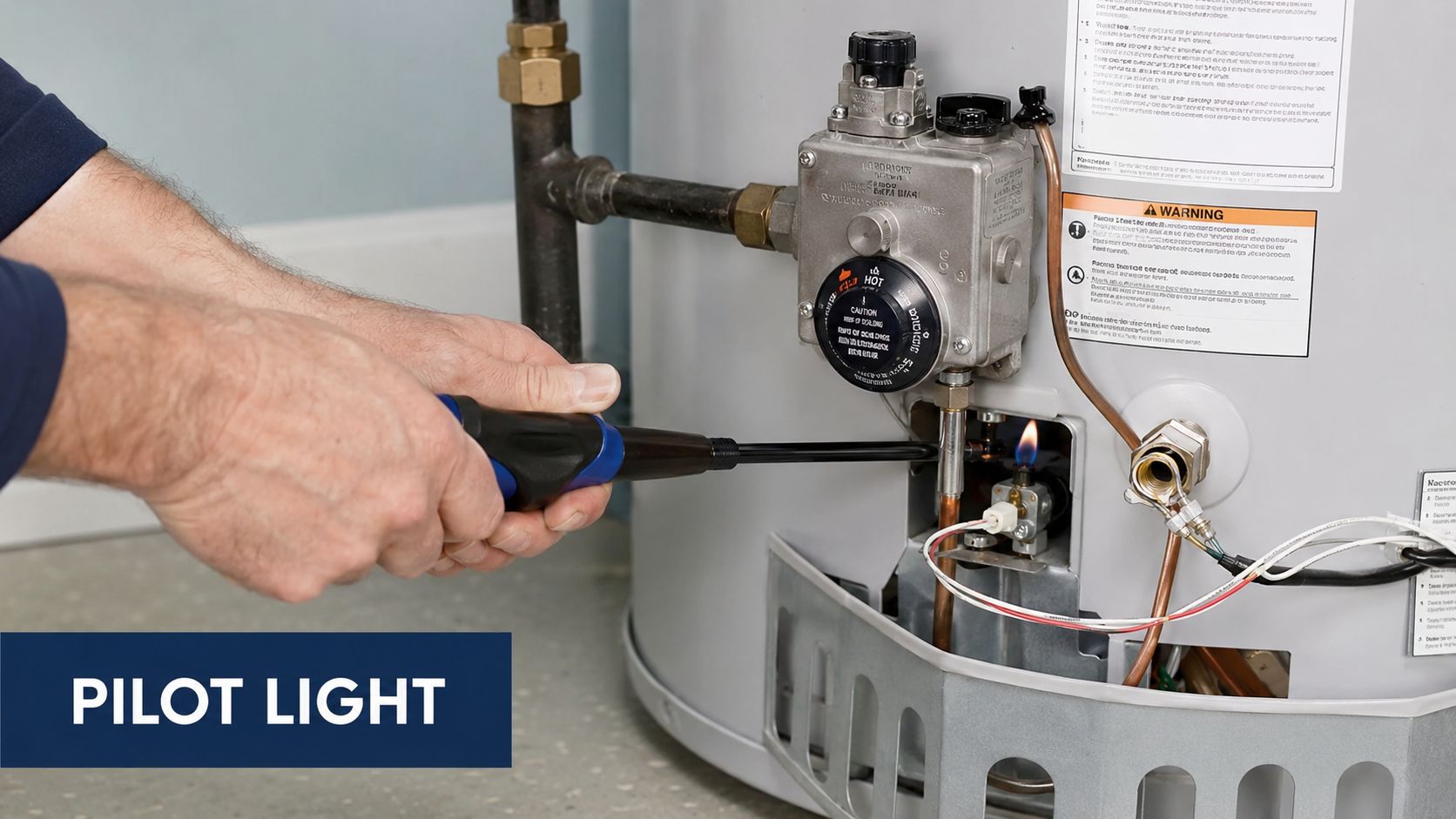 A technician using a long lighter to ignite the pilot light on a residential gas water heater.