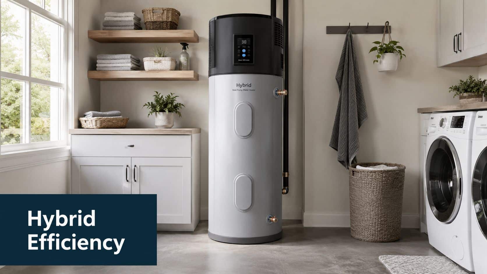 A modern hybrid heat pump water heater standing in a well-organized laundry room with shelves and laundry machines.