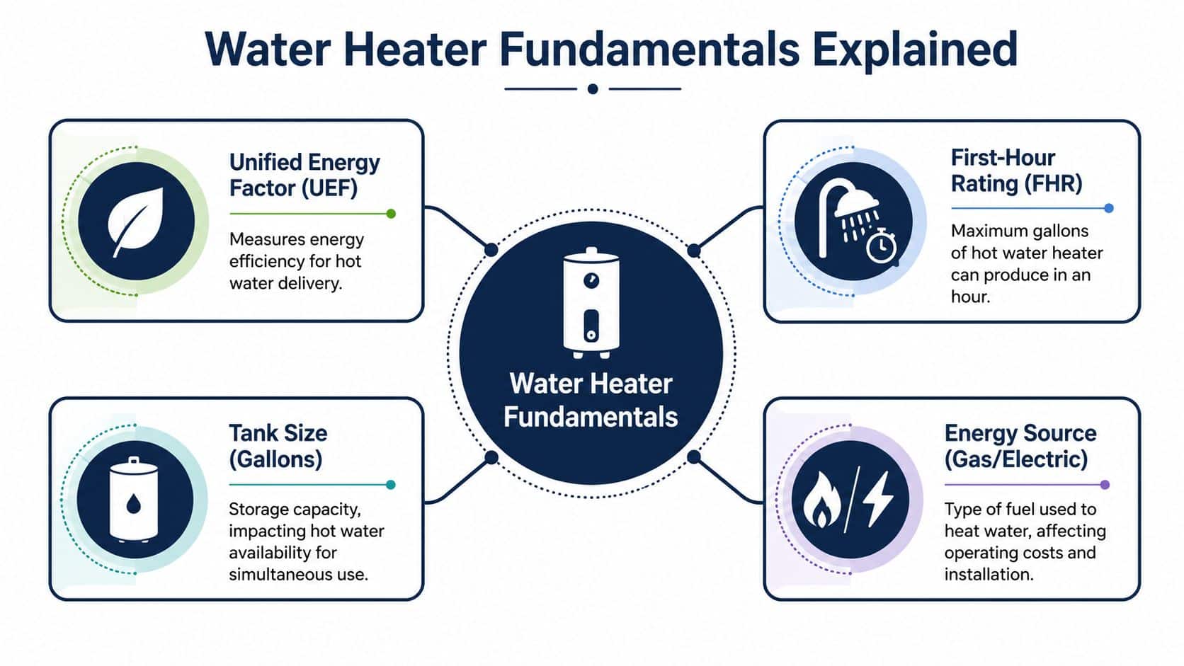 A diagram infographic explaining four key fundamentals of water heaters: UEF, first-hour rating, tank size, and energy source.