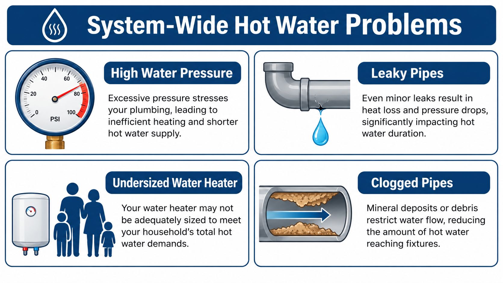 An infographic titled System-Wide Hot Water Problems highlighting common causes like high pressure, leaky pipes, undersized heaters, and clogs.