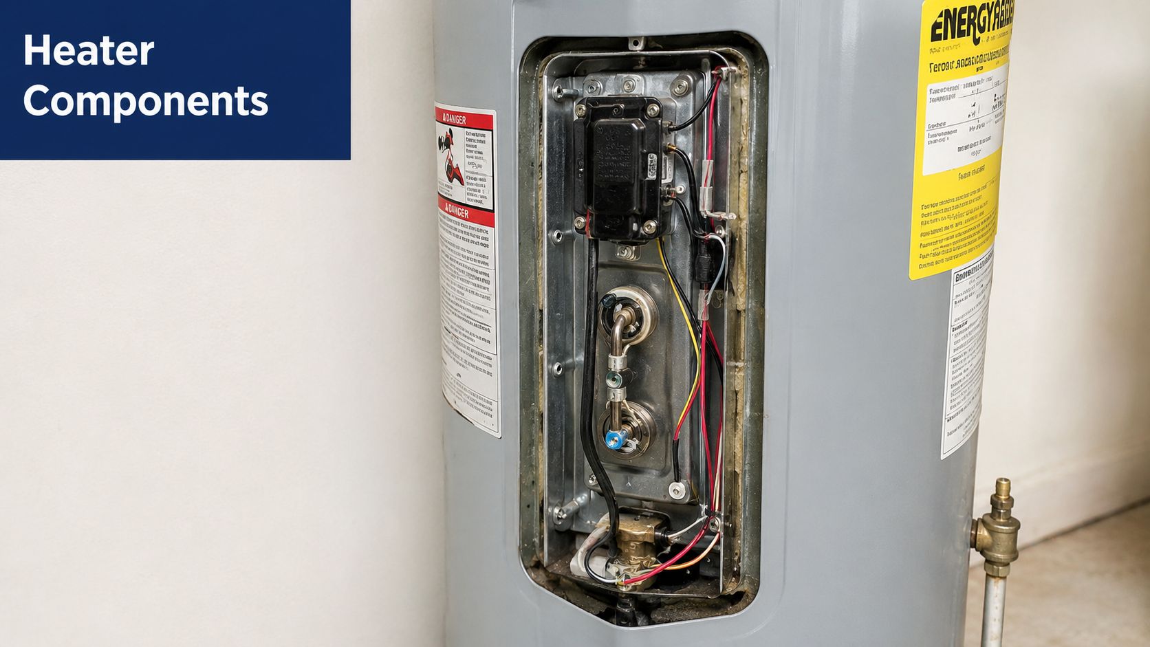 An exposed view of the internal components and electrical wiring of a residential electric hot water heater.