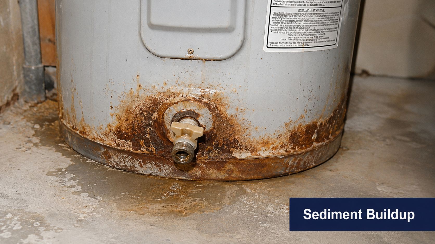 Rusty base of a residential water heater showing significant signs of corrosion and leaking near the valve.