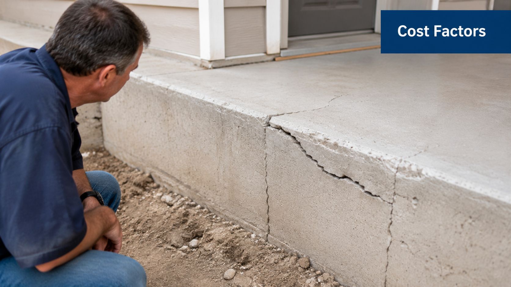 A professional inspector examining a cracked concrete slab at the entrance of a residential home.