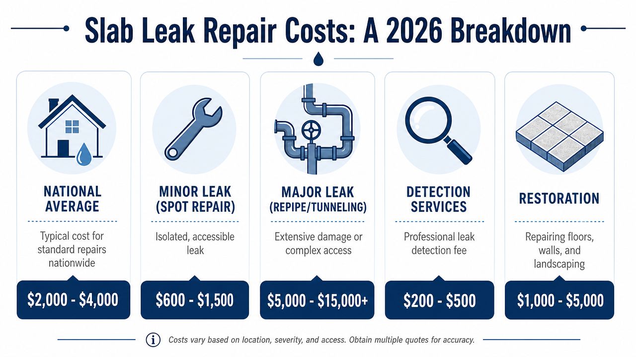 An infographic showing the national average and category-specific costs for residential slab leak repairs in 2026.