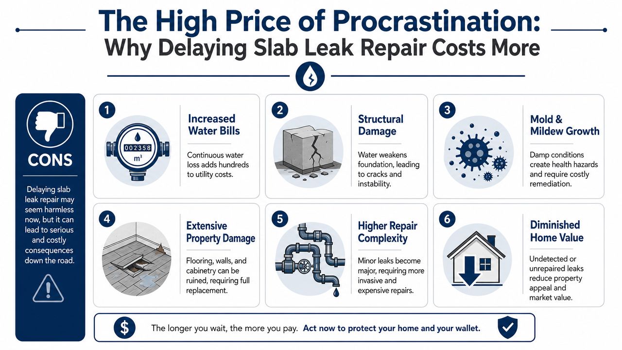 An infographic illustrating the negative financial and structural consequences of delaying slab leak home repairs.