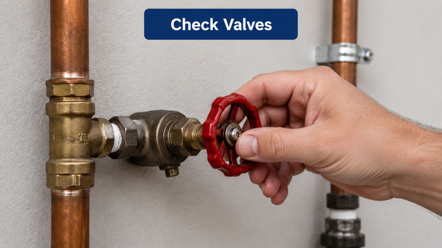 A hand adjusts a red handled shut-off valve installed on a copper water pipe system.