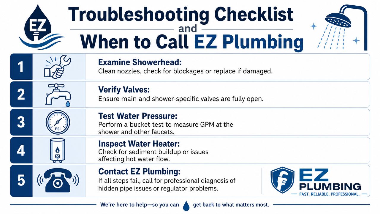 A professional troubleshooting checklist for shower water pressure problems, listing five steps and contact information for plumbers.