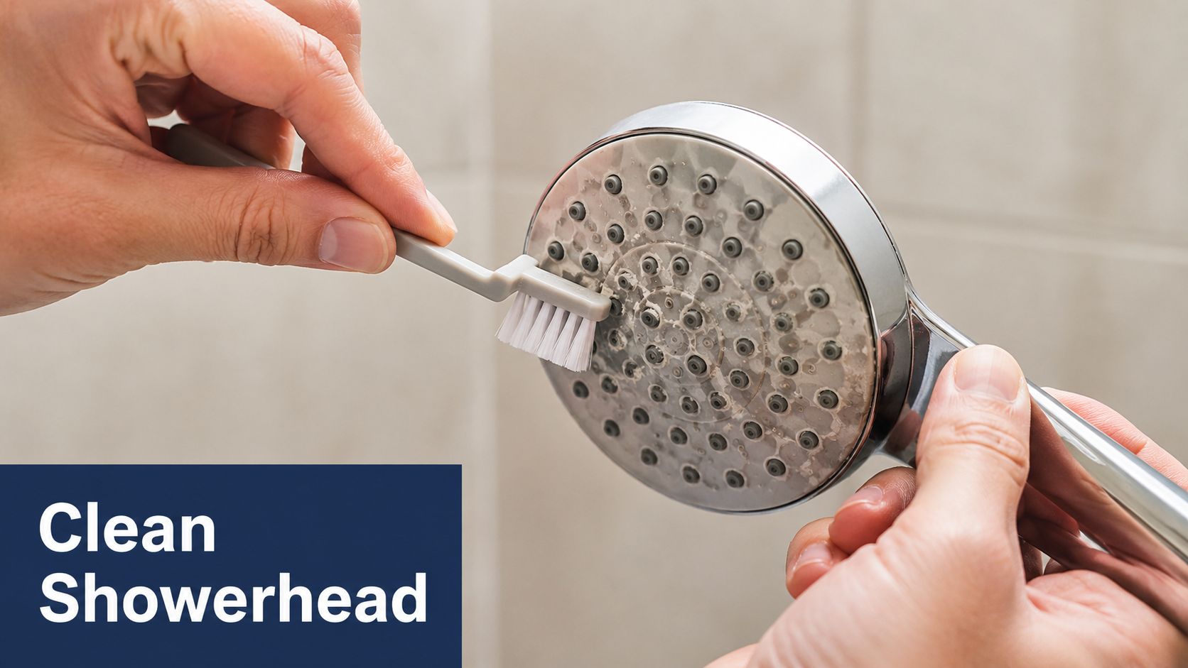 A person using a small brush to clean limescale buildup off of a handheld showerhead nozzle.