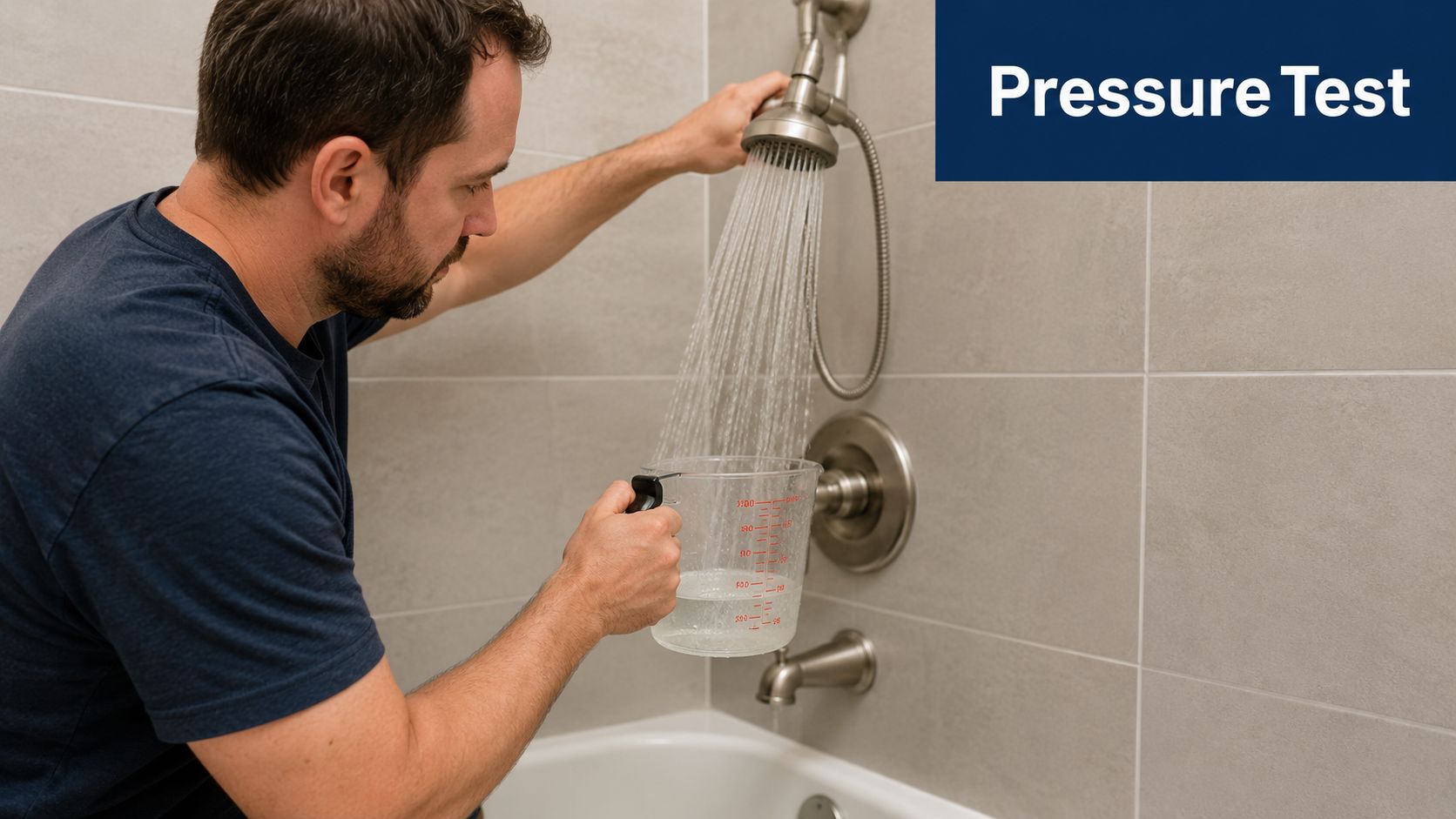 A man testing shower water pressure by measuring the water flow in a clear plastic cup.