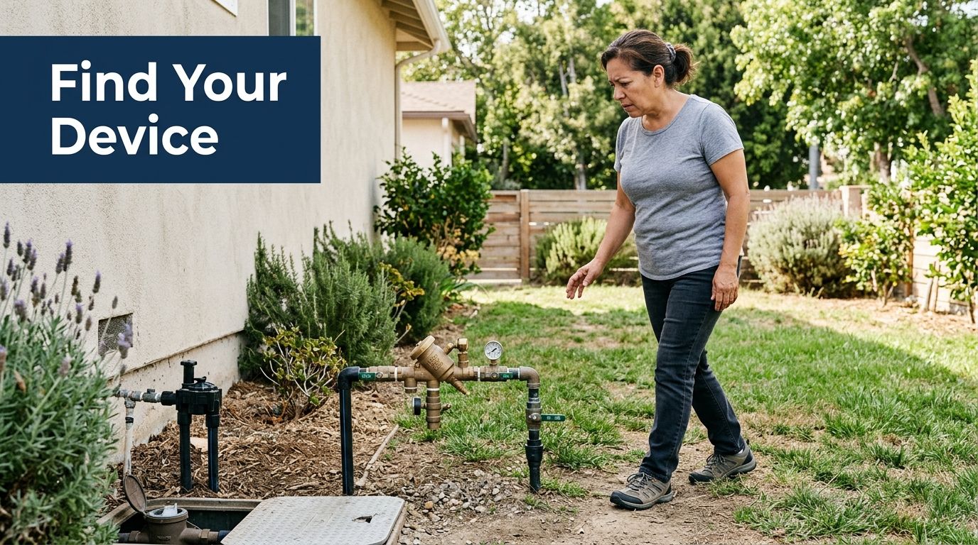 A woman inspecting a backflow preventer assembly installed in her backyard landscape next to her home.