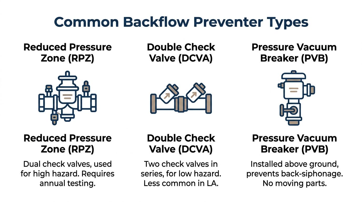 An infographic showing three types of common backflow preventers, including RPZ, DCVA, and PVB devices.