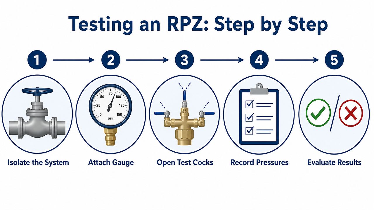 A step-by-step infographic illustrating the five stages of testing a backflow preventer device.