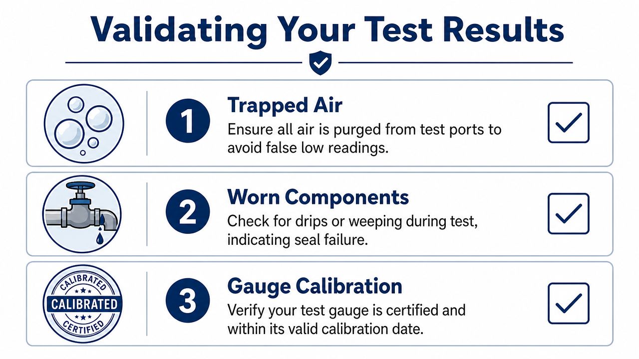 A checklist infographic titled Validating Your Test Results, illustrating three key steps for backflow testing accuracy.