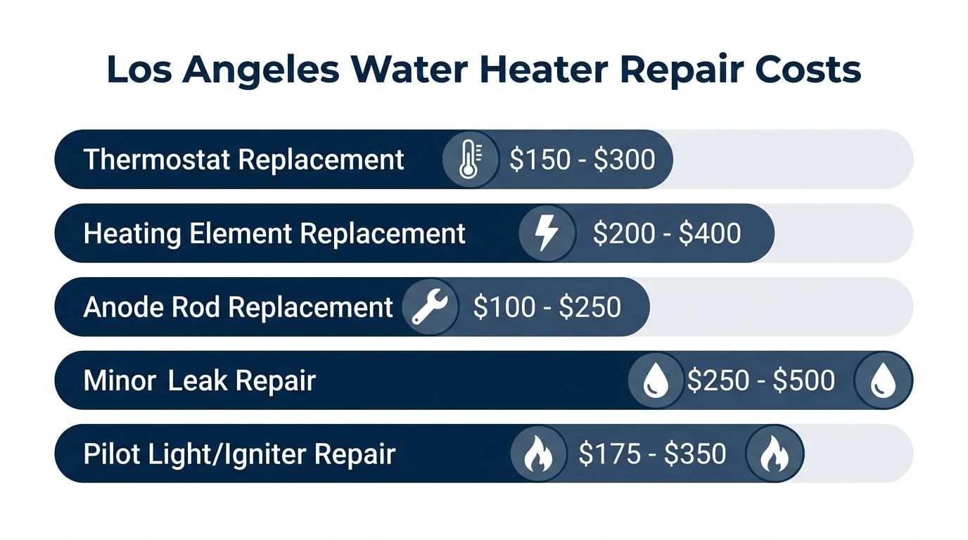 A chart showing estimated price ranges for common water heater repair services in Los Angeles, California.