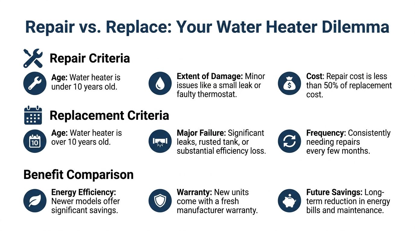 An infographic titled Repair vs. Replace outlining criteria for water heater maintenance and replacement decisions.