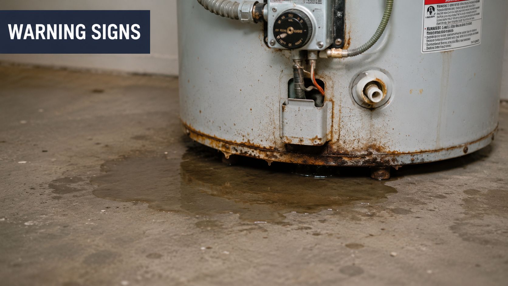 A leaking residential water heater with rust around the base and water pooling on a concrete floor.