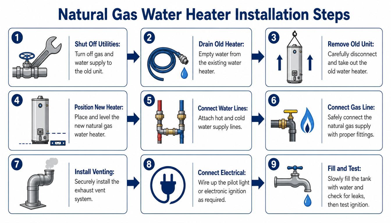 A nine-step infographic showing the process for installing a new natural gas water heater in a home.