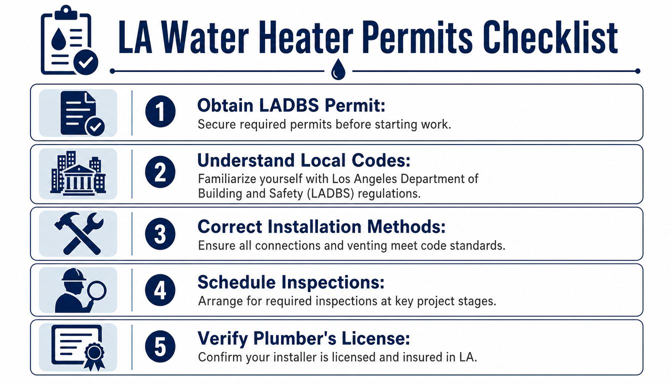 A checklist infographic outlining five essential steps for obtaining water heater installation permits in Los Angeles.