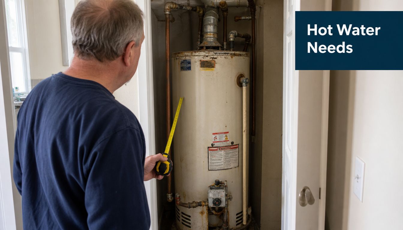A professional plumber measuring an old residential natural gas water heater in a utility closet.