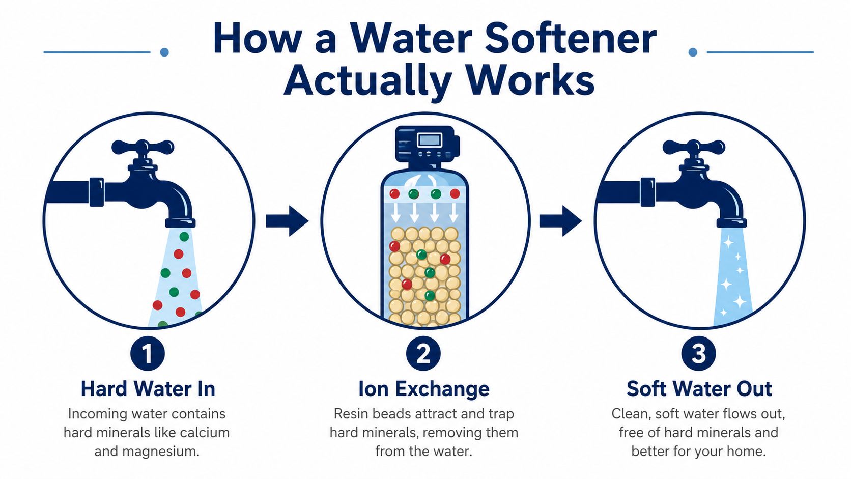 A diagram illustrating the three steps of the ion exchange water softening process for home water treatment systems.