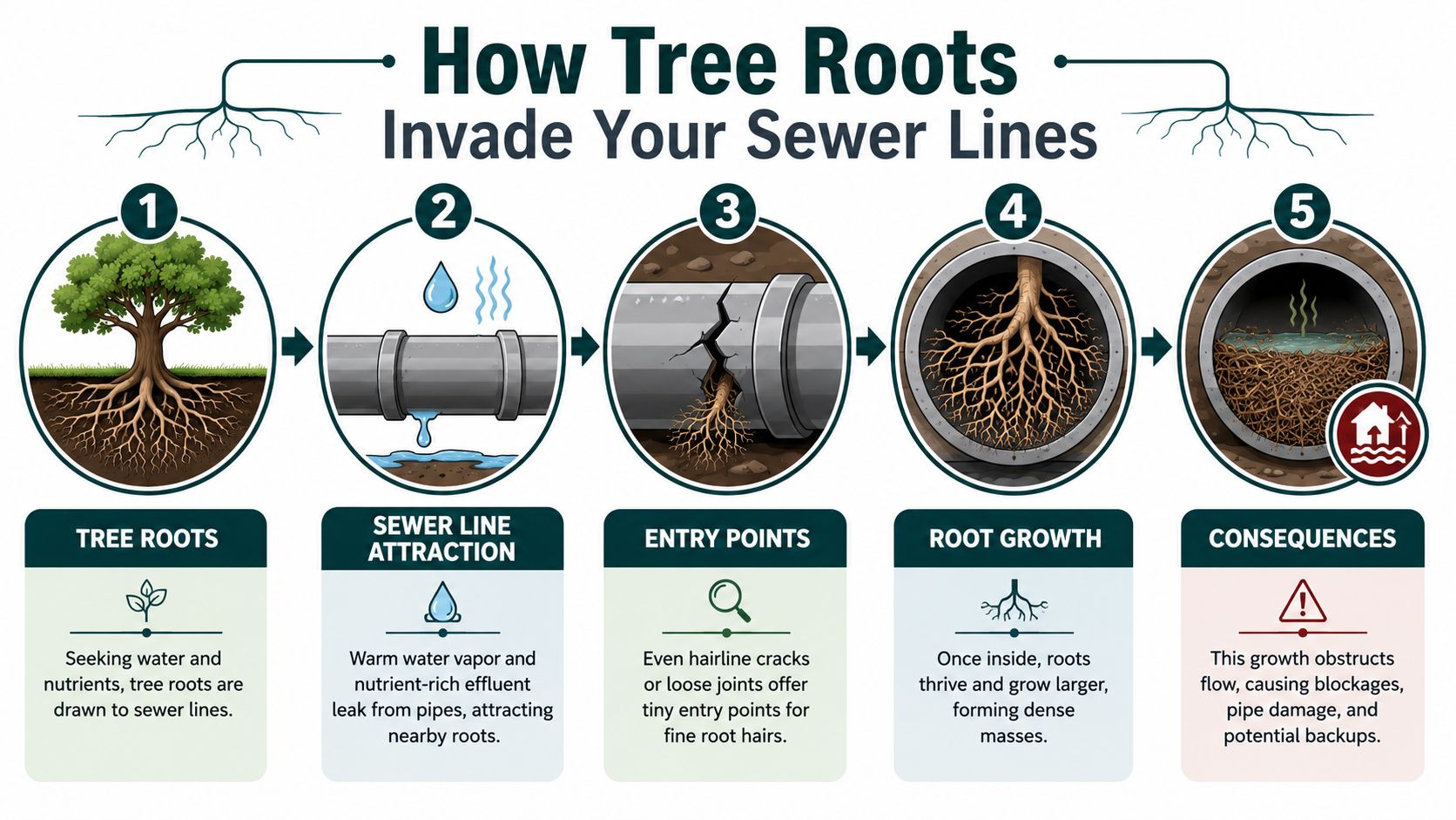 An infographic showing the five-step process of how tree roots invade and block residential sewer lines.