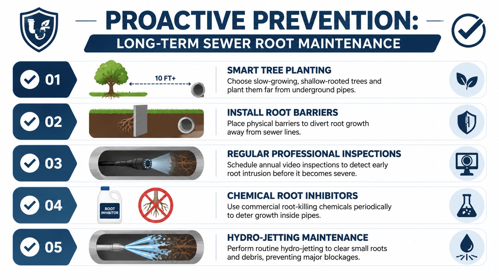 An infographic detailing five proactive maintenance steps to prevent tree roots from damaging sewer lines and pipes.