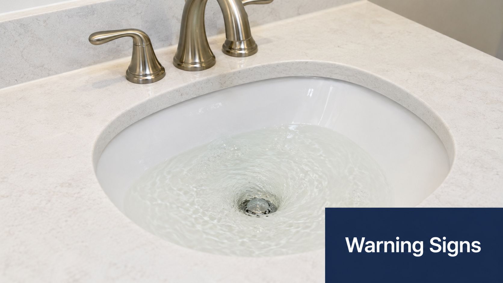 A close-up view of a bathroom sink drain showing water swirling as it drains away.
