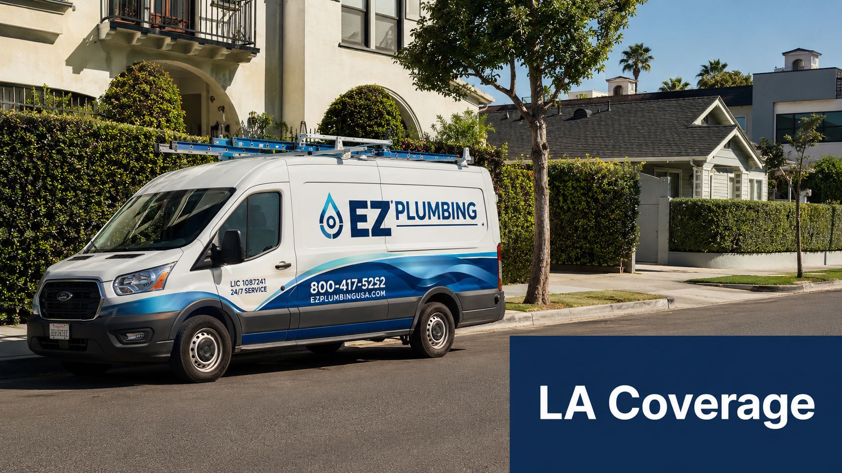 An EZ Plumbing service van parked on a suburban street with a LA Coverage graphic overlay.