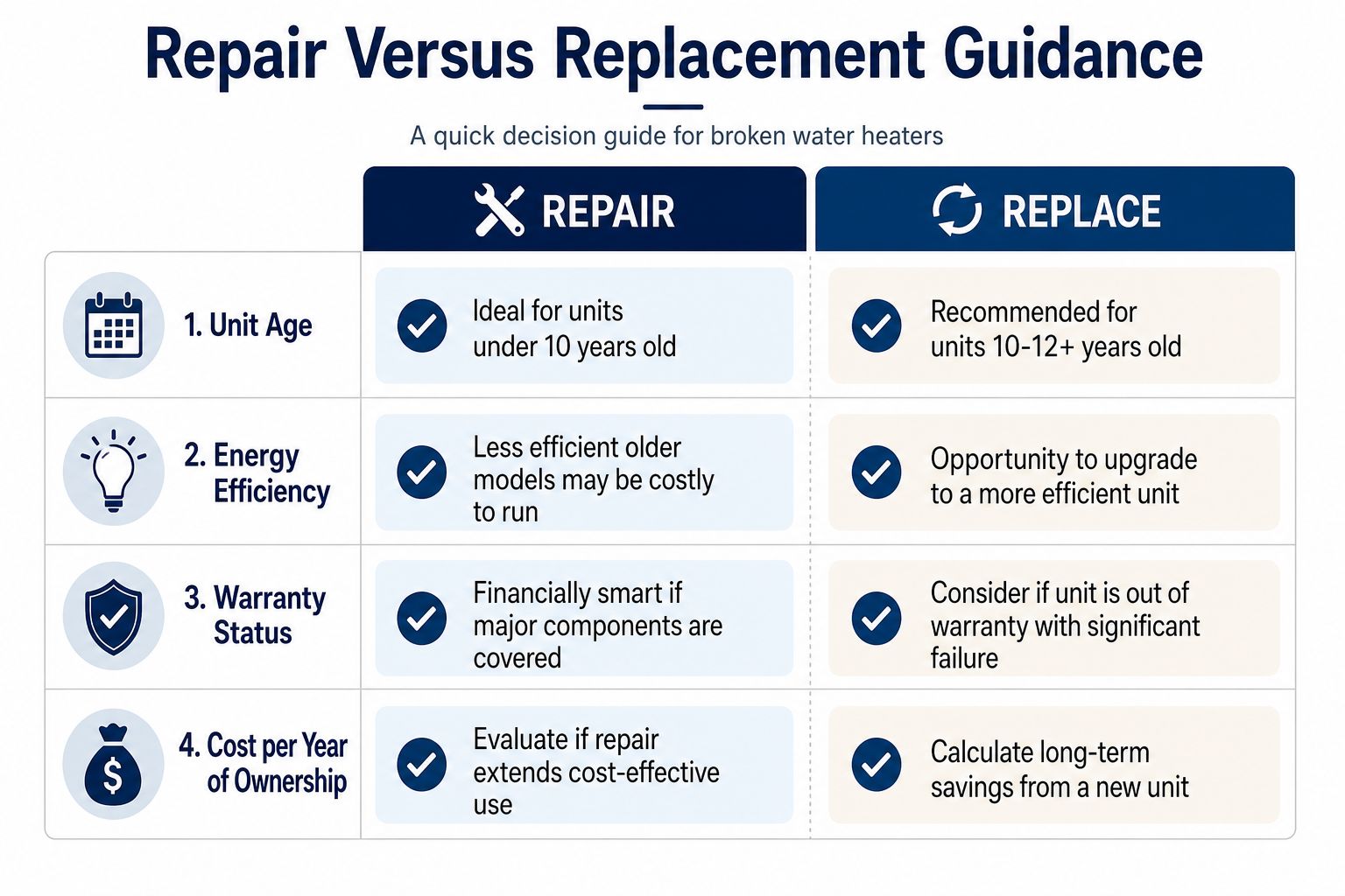 A decision chart comparing repair versus replacement criteria for broken water heaters based on age, efficiency, warranty, and cost.