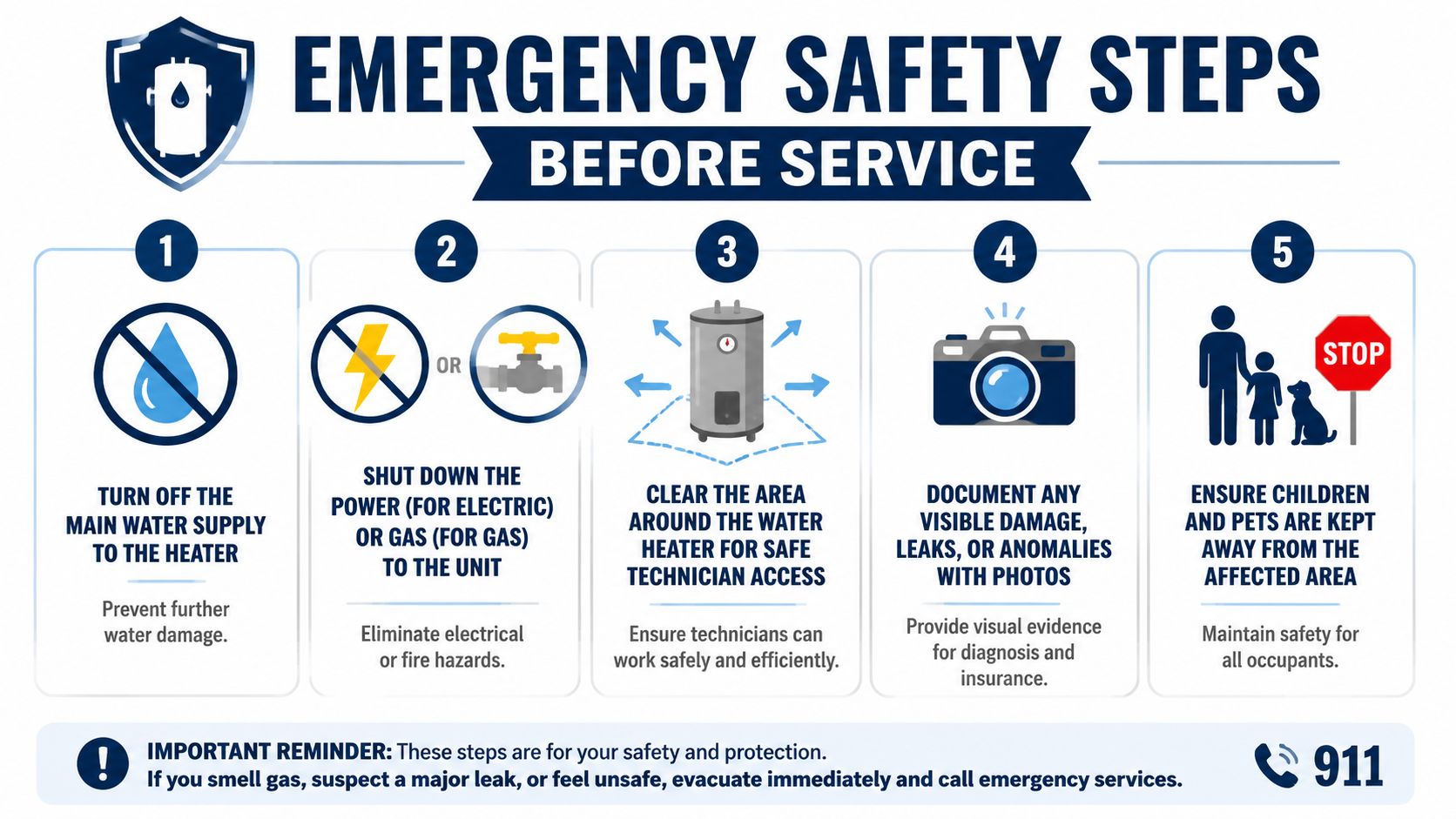 An infographic showing five essential safety steps to take before getting your water heater serviced.