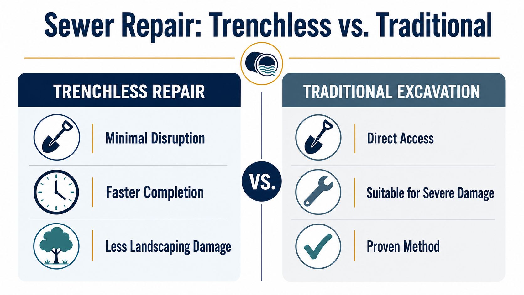 A comparison infographic between trenchless sewer repair and traditional excavation methods for residential plumbing needs.