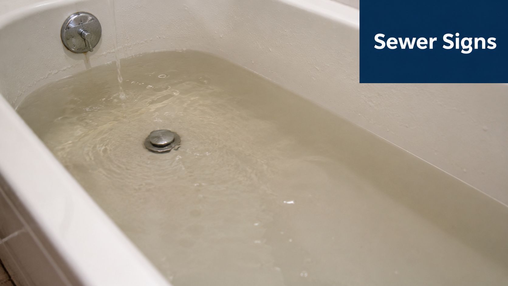 A dirty, murky liquid filling a white bathtub, representing signs of potential sewer line plumbing issues.